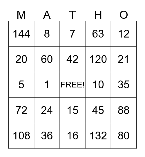 MATHO Multiplication Game Bingo Card