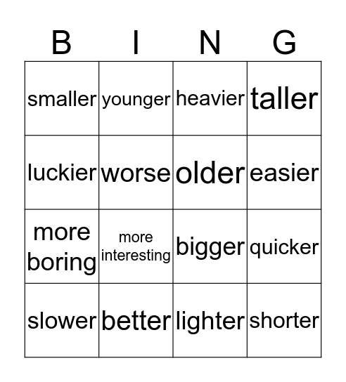 Adjective bingo Card