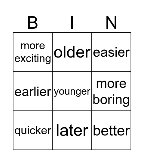 Adjective bingo Card