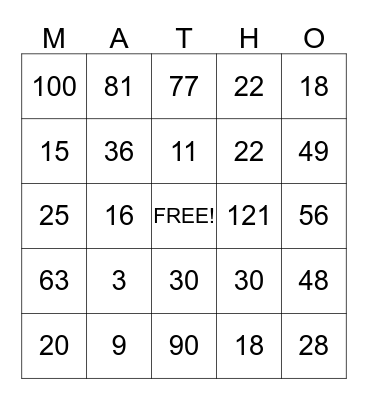 MATHO Multiplication Game Bingo Card