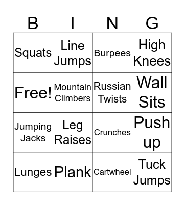 Fitness Bingo - Complete 10 of each exercise Bingo Card
