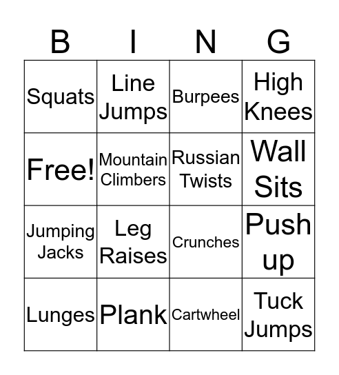 Fitness Bingo - Complete 10 of each exercise Bingo Card