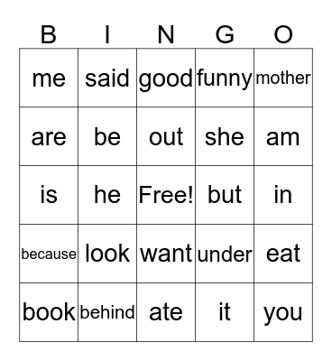 sight word  Bingo  Bingo Card
