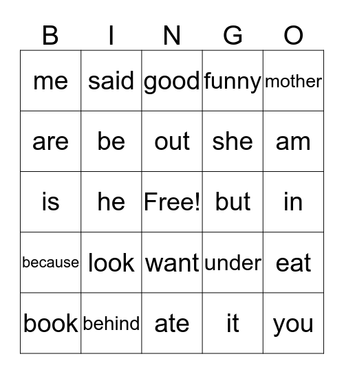 sight word  Bingo  Bingo Card