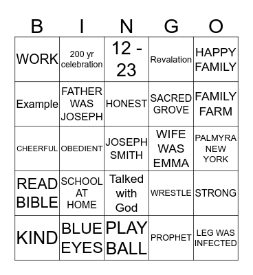 Joseph Smith Bingo Card