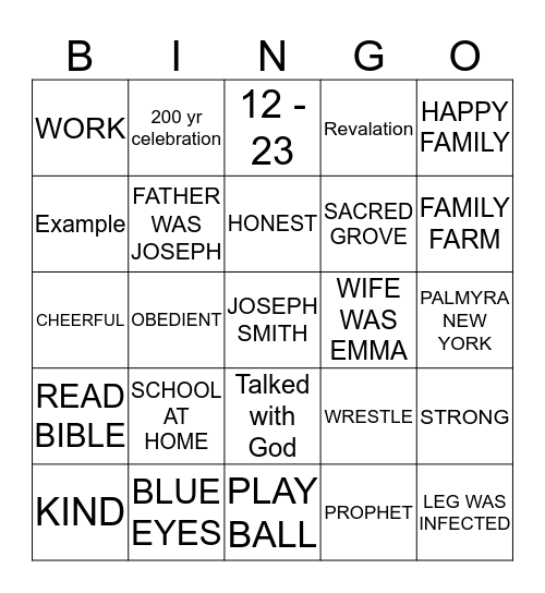 Joseph Smith Bingo Card
