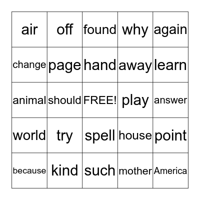 Sight Word Bingo Card