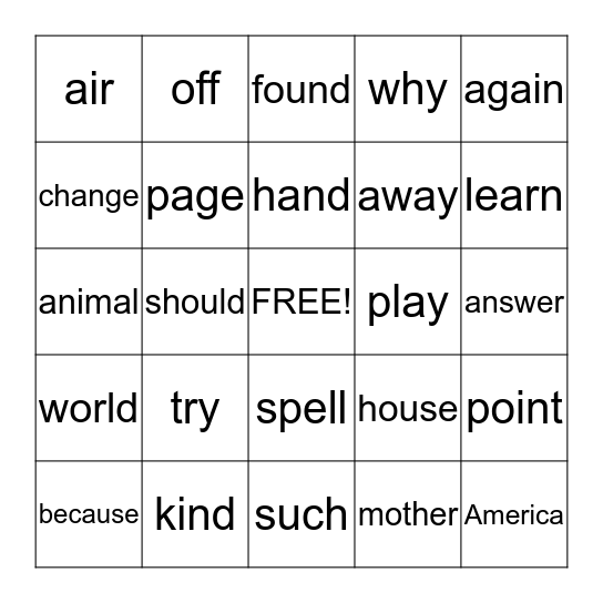 Sight Word Bingo Card