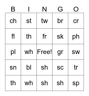 Blend and Digraph Bingo Card