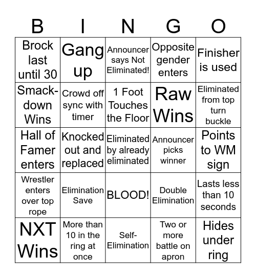 Royal Rumble 2020 Bingo Card