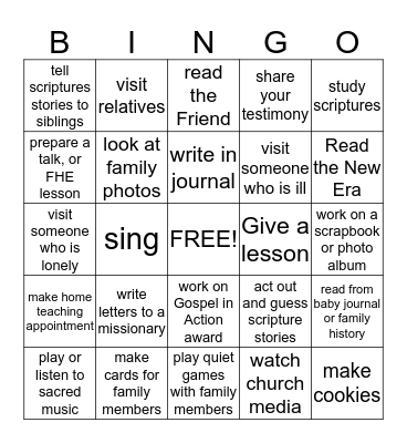 Keeping the Sabbath Day Holy Bingo Card