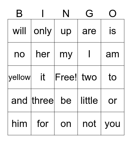 Sight Word Bingo Card