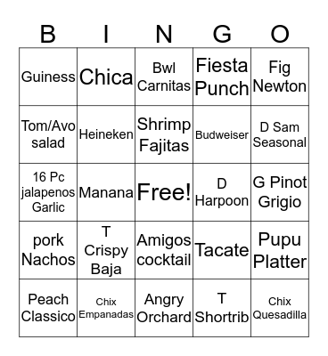 Scorpion Bar Bingo Card