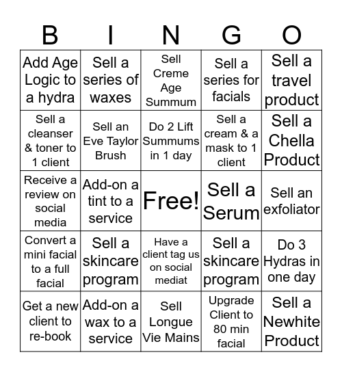 Esthtician Bingo Card