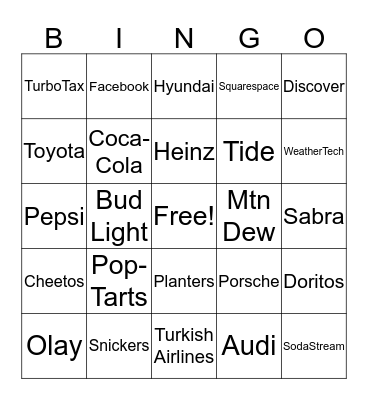 Super Bowl Commercial Bingo Card