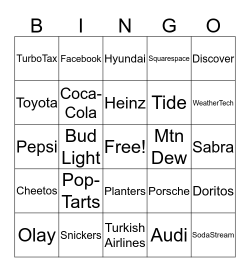 Super Bowl Commercial Bingo Card