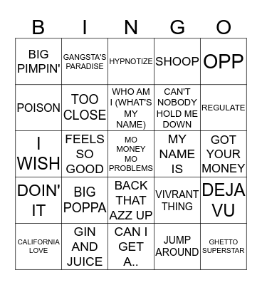 90'S HIP HOP Bingo Card