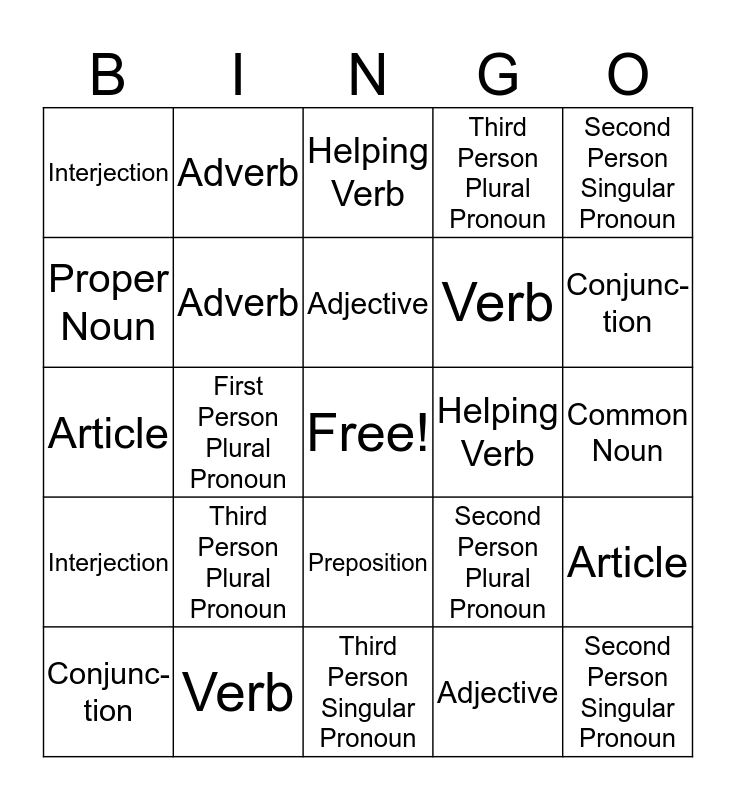 Parts of Speech Bingo Card