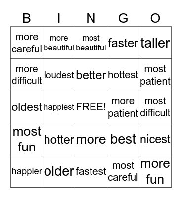 Comparative and Superlative Adjectives Bingo Card