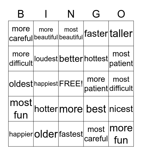 Comparative and Superlative Adjectives Bingo Card