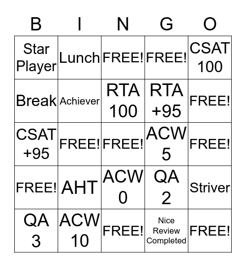 Miller's Weekly Bingo Card