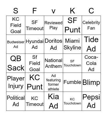 Super Bowl LIV Bingo Card