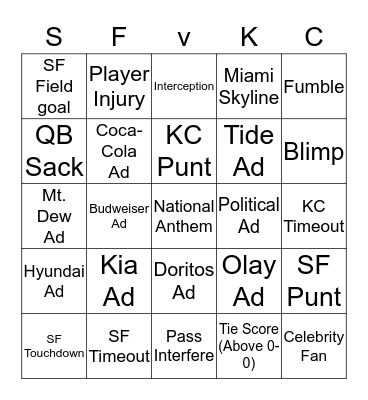 Super Bowl LIV Bingo Card