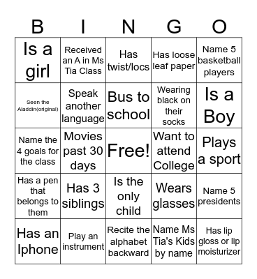 Getting to know You Bingo Card