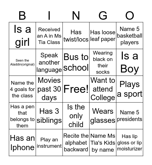 Getting to know You Bingo Card