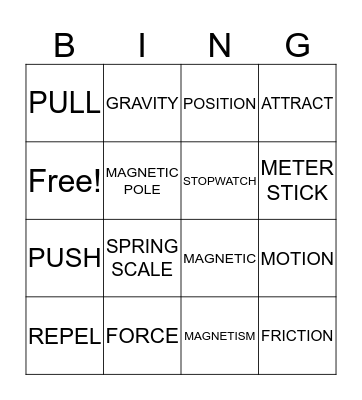 FORCE, MOTION, GRAVITY, AND MAGNETISM VOCABULARY Bingo Card