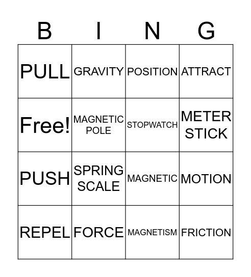 FORCE, MOTION, GRAVITY, AND MAGNETISM VOCABULARY Bingo Card