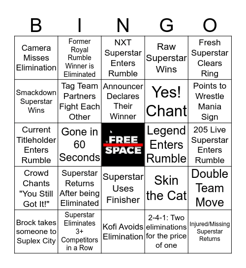 WWE ROYAL RUMBLE - Men's Bingo Card