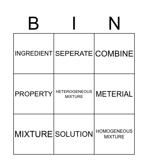 Mixtures Vocabulary Bingo Card