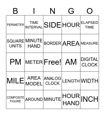Perimeter, Area, and Time Vocabulary Bingo Card