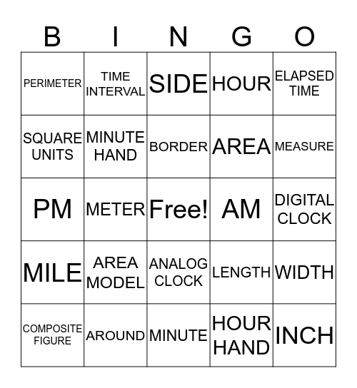 Perimeter, Area, and Time Vocabulary Bingo Card