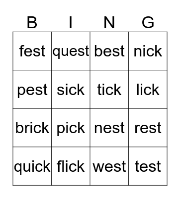 -ick/-est Bingo Card