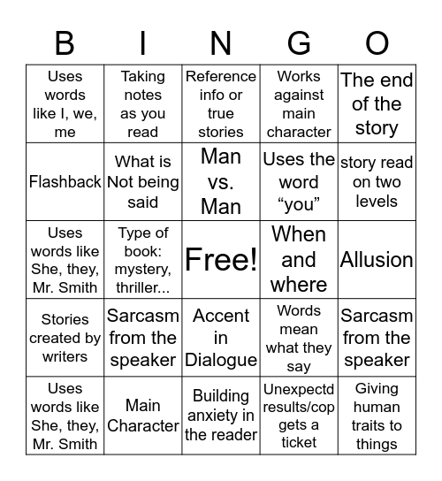 Literary Bingo Card