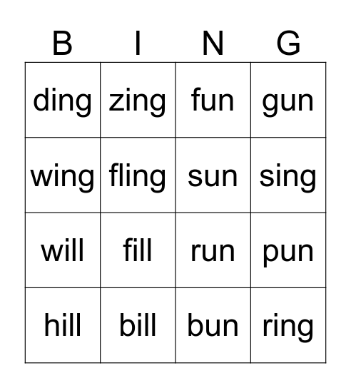-un/-ill/-ing Bingo Card