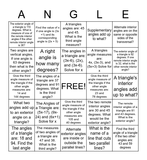 ANGLES BINGO! Bingo Card