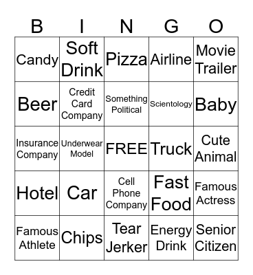 Super Bowl Commercial Bingo Card