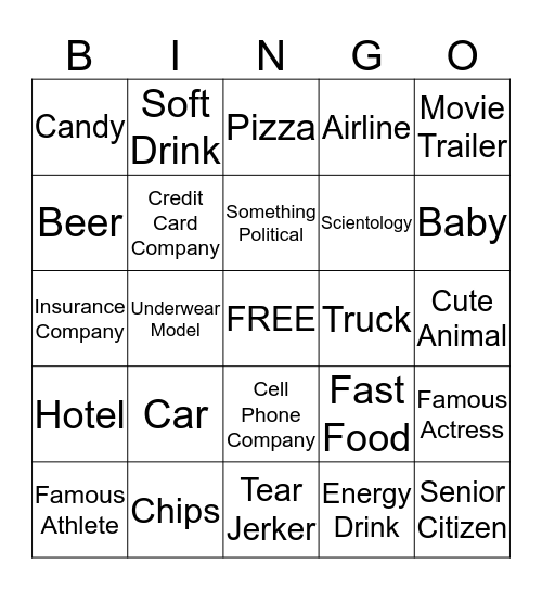 Super Bowl Commercial Bingo Card