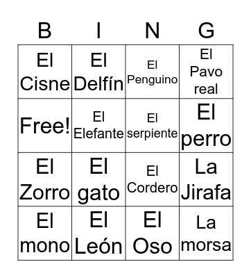 Los animals bingo Card