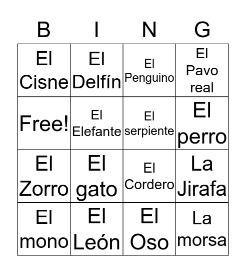 Los animals bingo Card