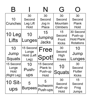 Fitness Bingo Card