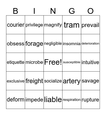 Year 8: Vocabulary  Bingo Card