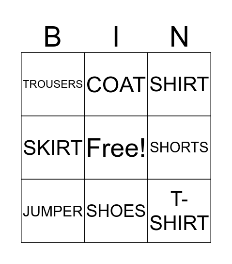 BINGO CLOTHING Bingo Card