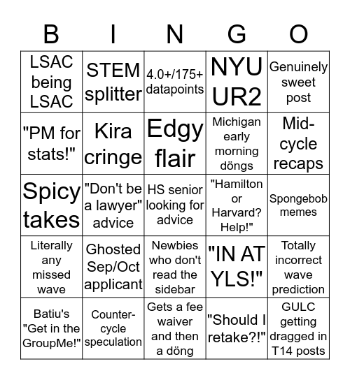 Law School Admissions Bingo Card