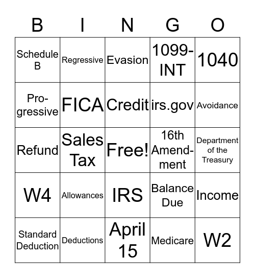 Taxes, Taxes, Taxes Bingo Card
