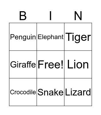 Zoo Animals Bingo Card