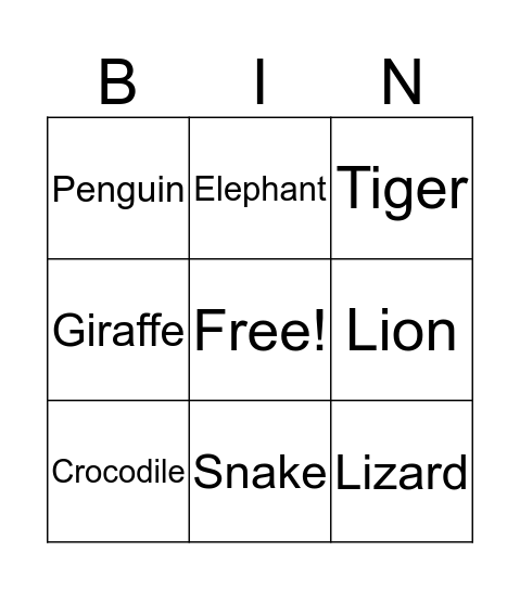 Zoo Animals Bingo Card
